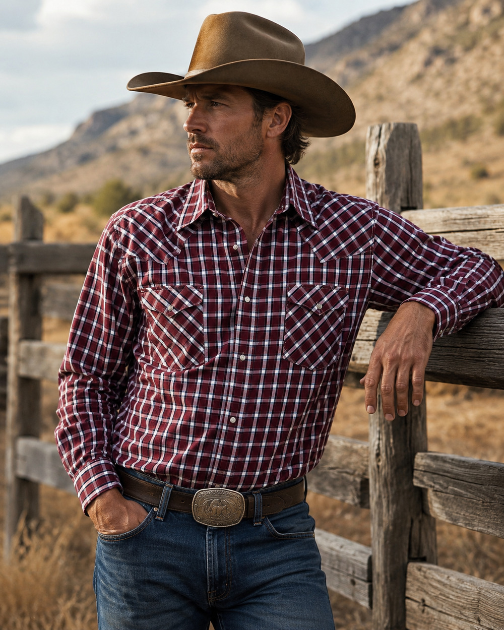 Vintage Plains Western Wear Red Plaid Pearl Snap Shirt Cowboy Rodeo Size XL